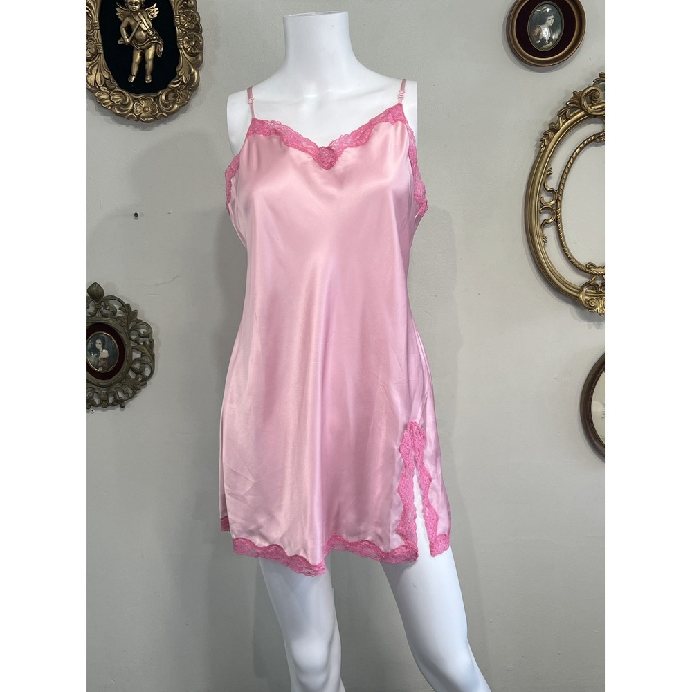 Victoria's Secret Vintage Pink Satin Lace Trim Slit Slip Dress Size L